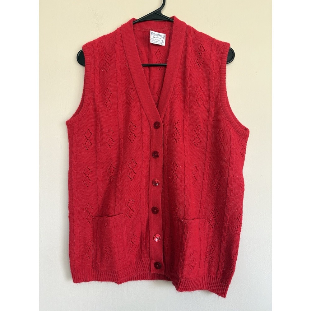VTG 70s British Vogue Sweater Vest Red Knit Grunge Grandma Cardigan‎ Size M/L